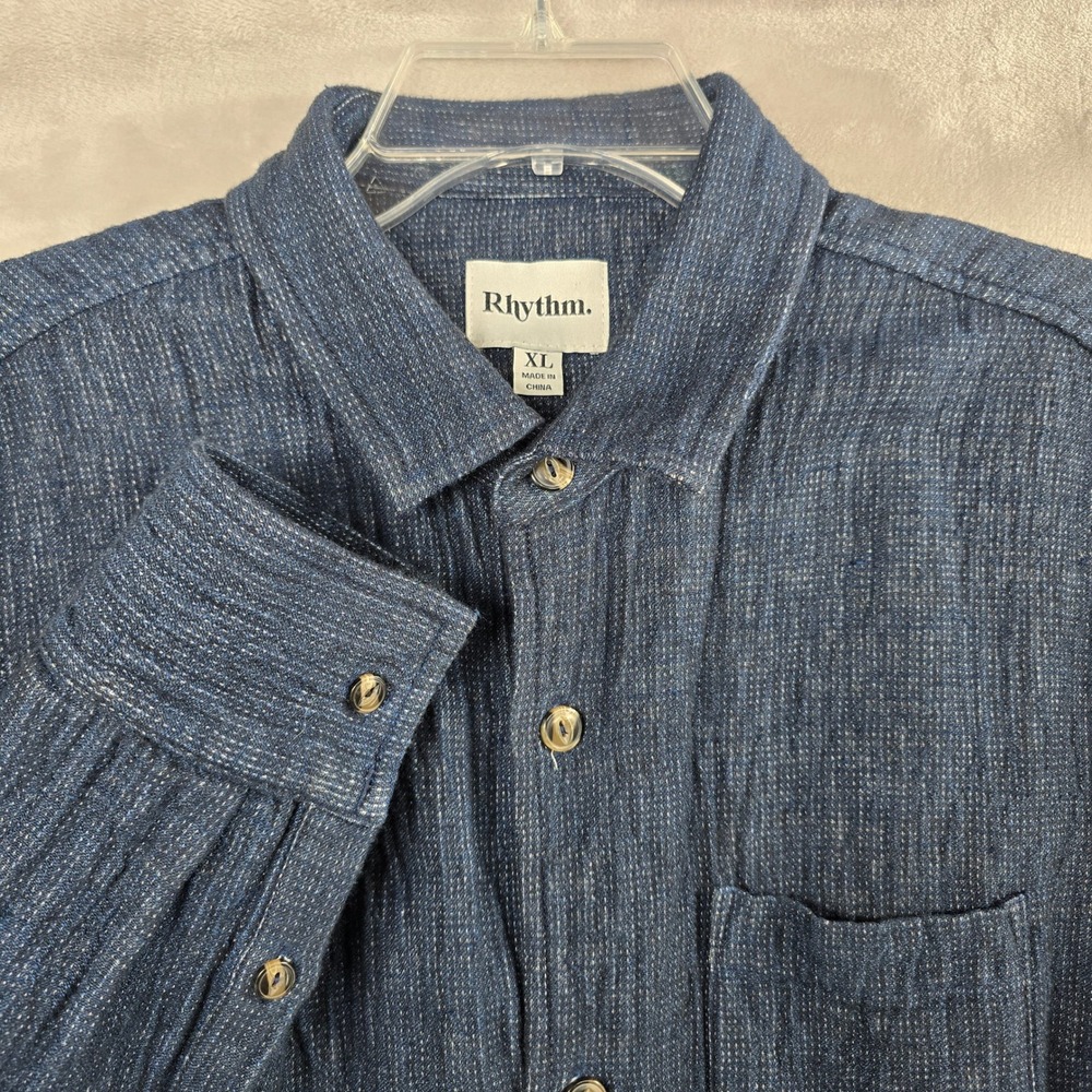 Rhythm Mens XL Indigo Blue Linen Blend Long Sleeve Button Down Shirt Pocket